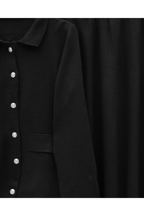 Button-Front Skirted Collar Knitwear Suit -Black