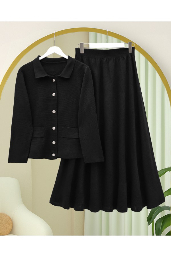 Button-Front Skirted Collar Knitwear Suit -Black