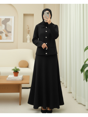 Önü Düğmeli Etekli Yakalı Triko Takım -Siyah