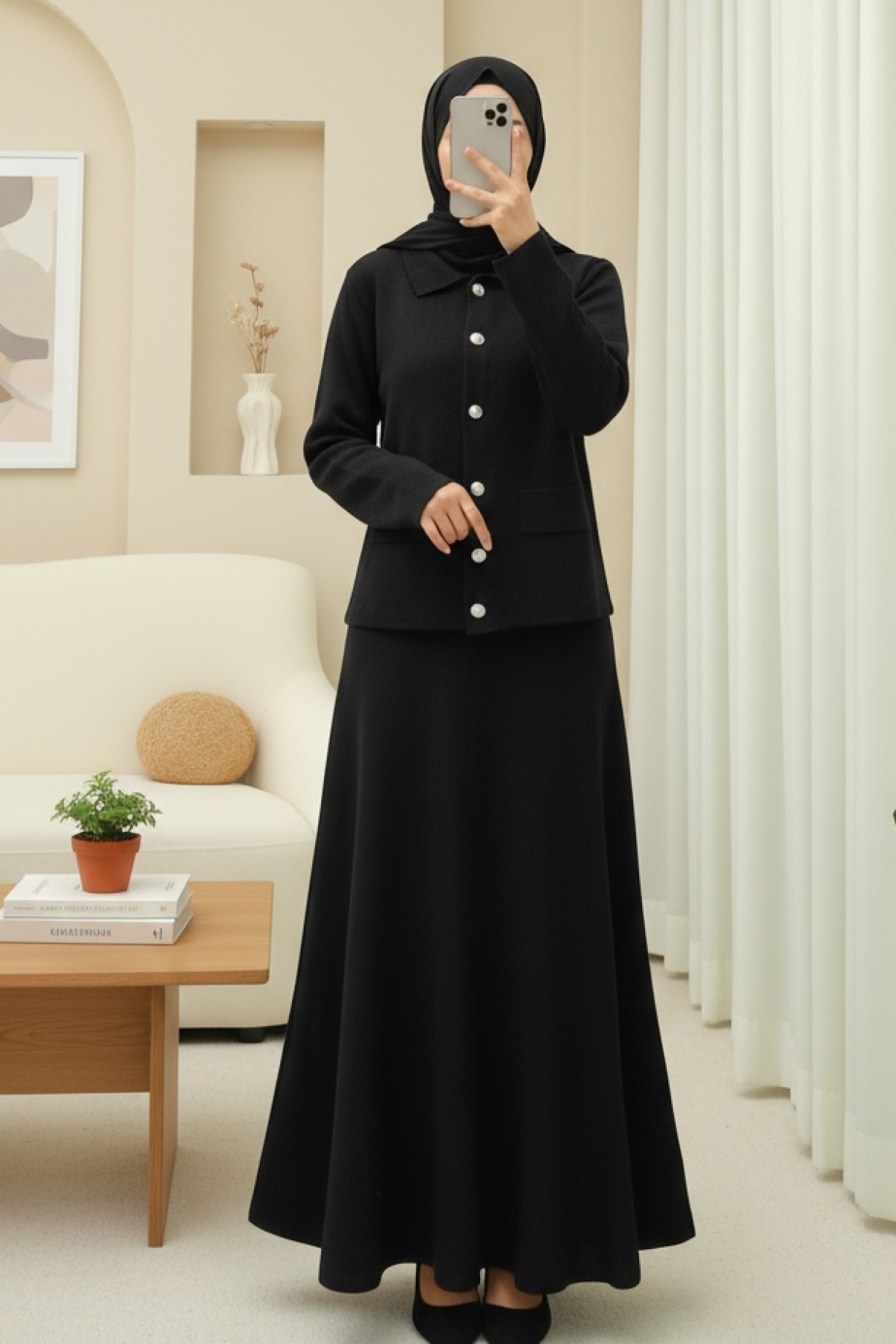 Button-Front Skirted Collar Knitwear Suit -Black