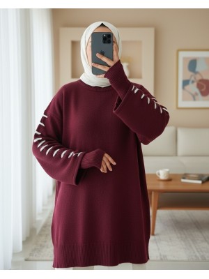 Kolları İpli Çizgili Yumoş Triko Tunik -Bordo