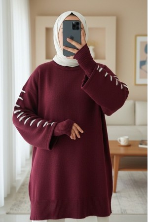 Kolları İpli Çizgili Yumoş Triko Tunik -Bordo