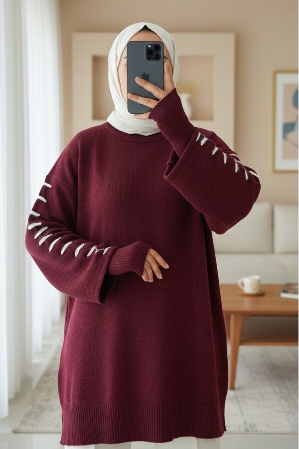 Kolları İpli Çizgili Yumoş Triko Tunik -Bordo