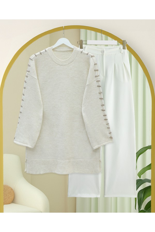 Kolları İpli Çizgili Yumoş Triko Tunik -Krem