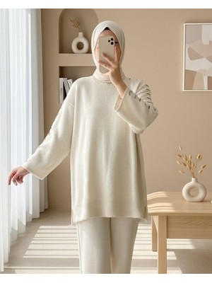 Kolları İpli Çizgili Yumoş Triko Tunik -Krem