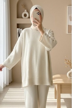 Kolları İpli Çizgili Yumoş Triko Tunik -Krem