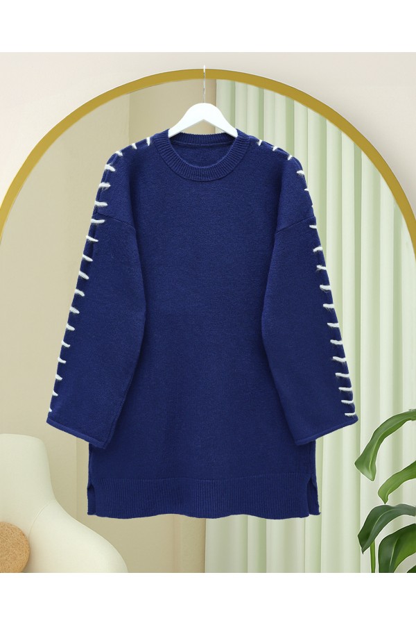 Kolları İpli Çizgili Yumoş Triko Tunik -Laci