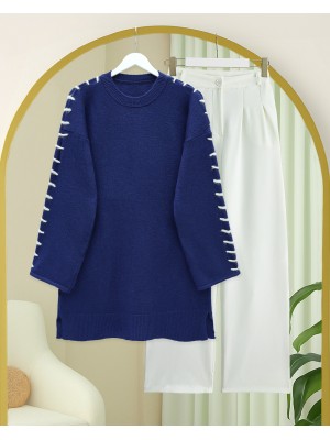 Kolları İpli Çizgili Yumoş Triko Tunik -Laci