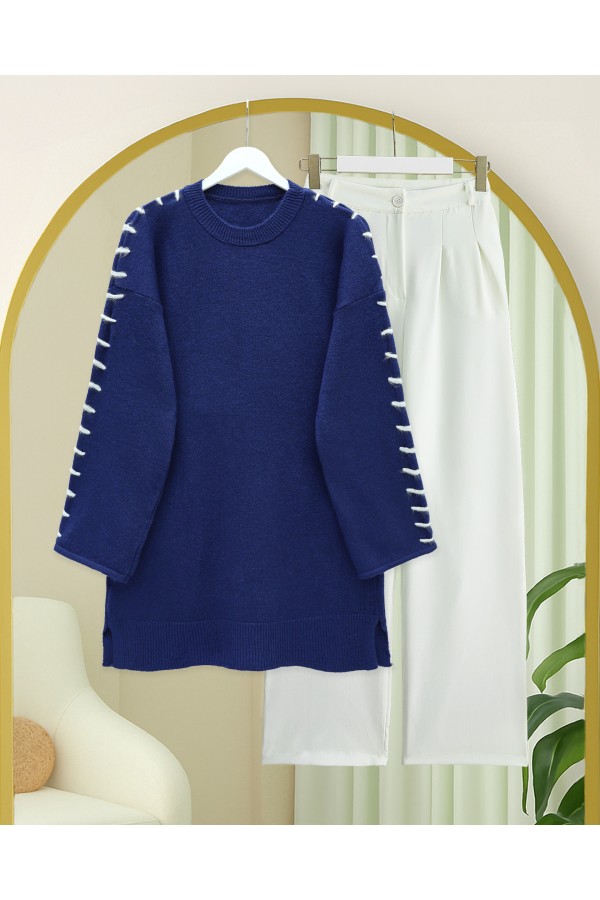 Kolları İpli Çizgili Yumoş Triko Tunik -Laci