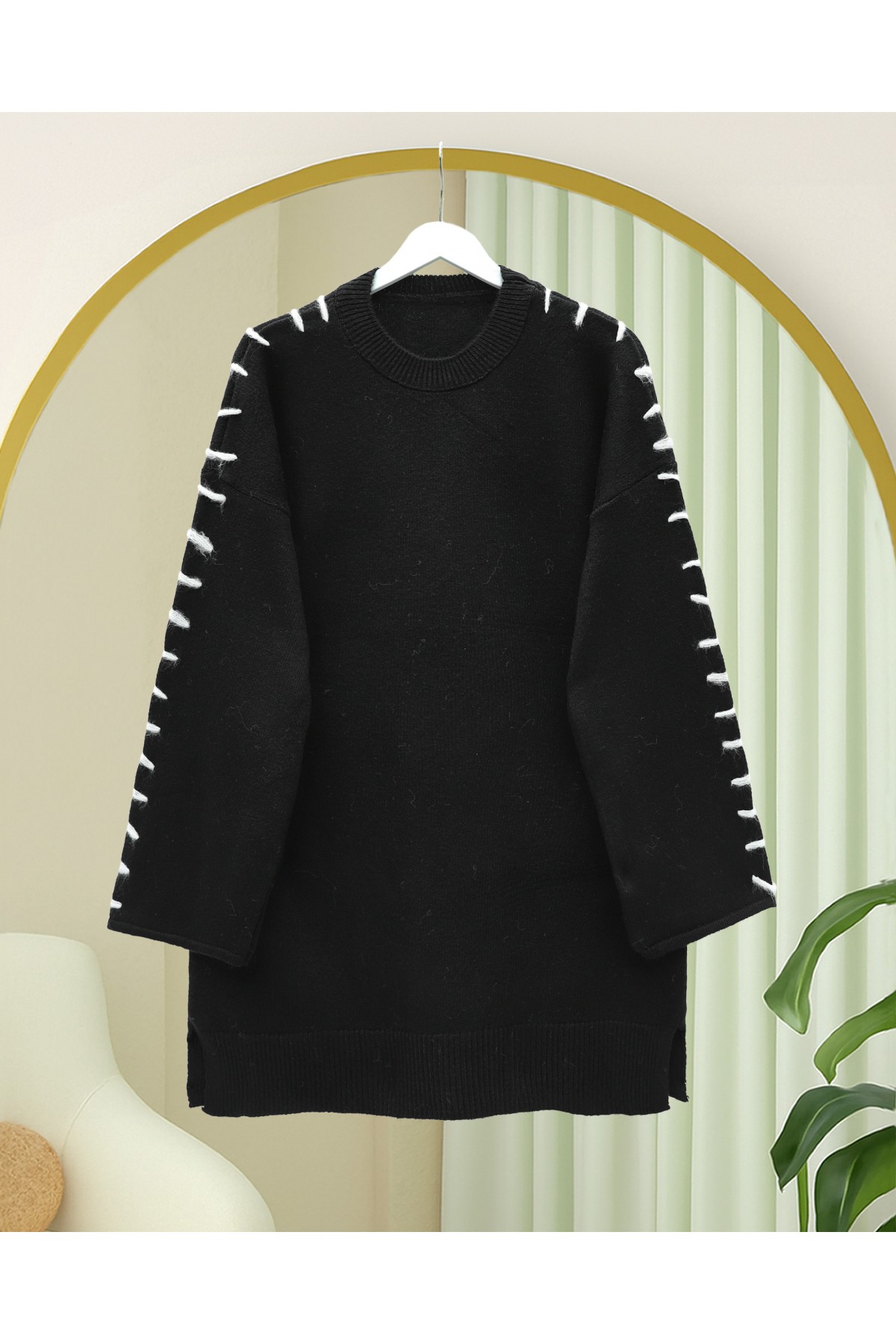 Soft Knit Tunic with Drawstring Sleeves and Stripes -Black