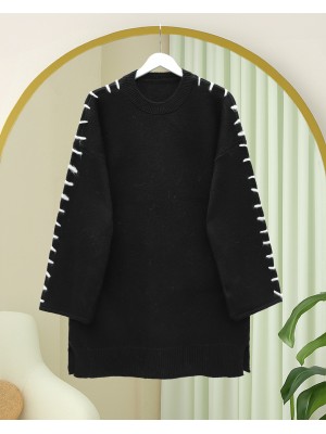 Kolları İpli Çizgili Yumoş Triko Tunik -Siyah