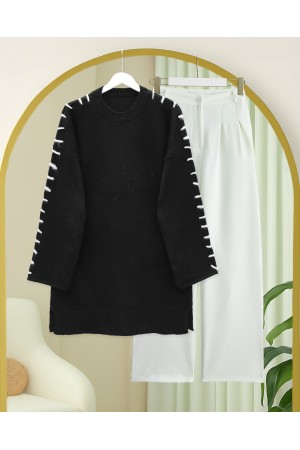 Soft Knit Tunic with Drawstring Sleeves and Stripes -Black