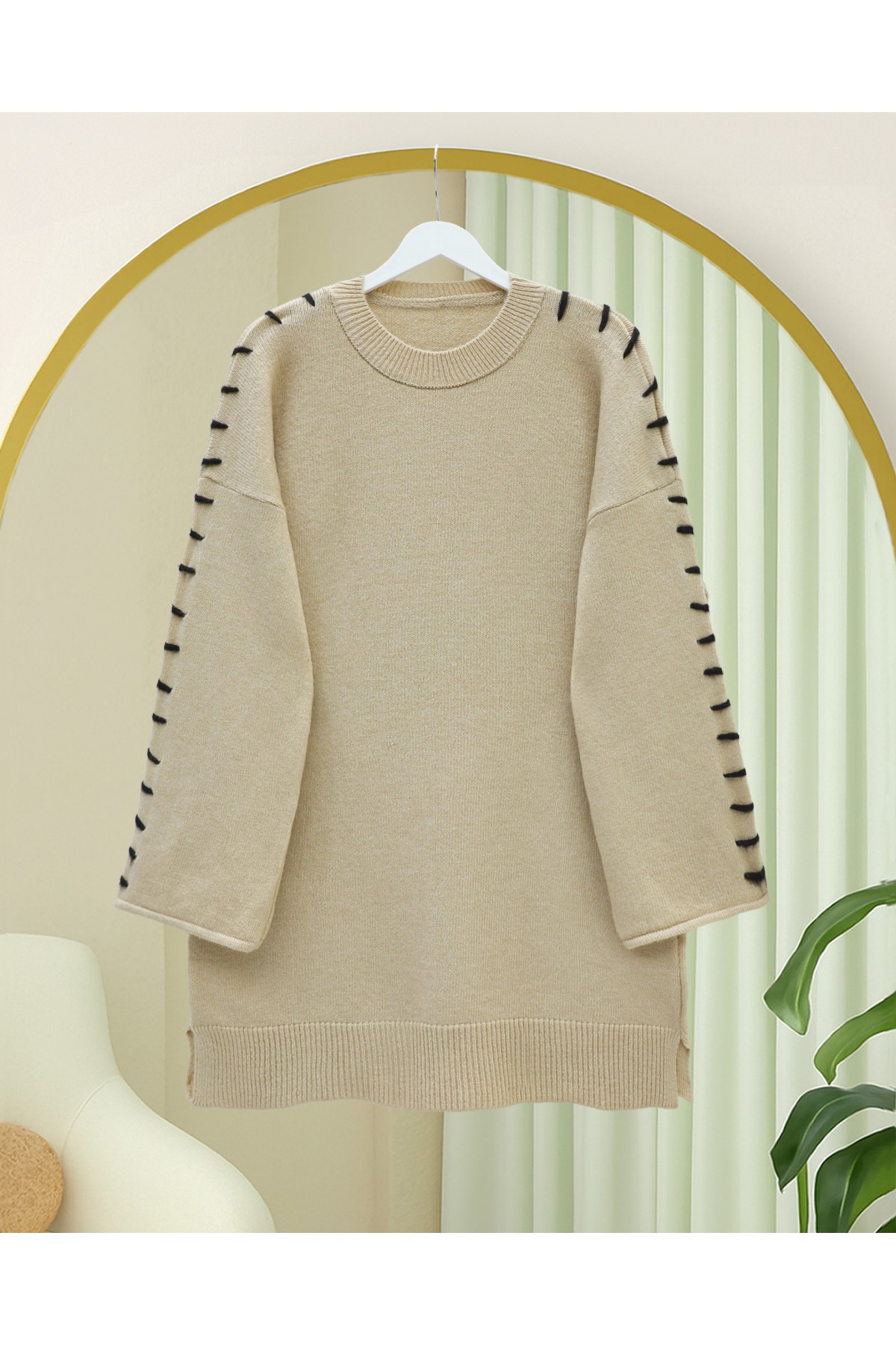 Soft Knit Tunic with Drawstring Sleeves and Stripes -Mink color