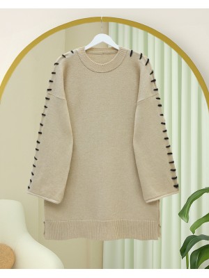 Kolları İpli Çizgili Yumoş Triko Tunik -Vizon