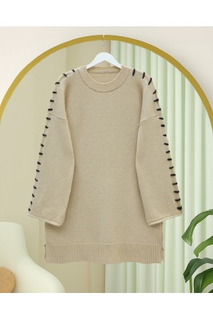 Soft Knit Tunic with Drawstring Sleeves and Stripes -Mink color