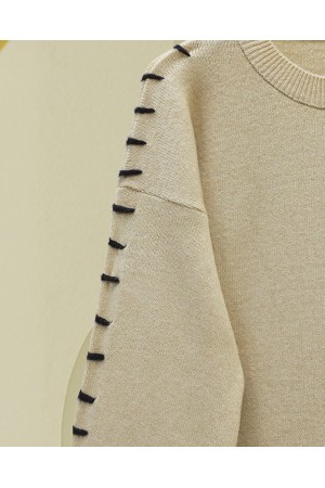 Soft Knit Tunic with Drawstring Sleeves and Stripes -Mink color