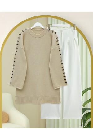 Soft Knit Tunic with Drawstring Sleeves and Stripes -Mink color