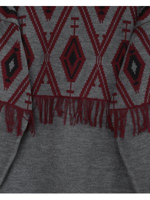 Önü Ve Kolu Saçaklı Piksel Desen Triko Takım -Füme