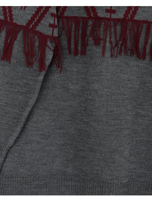 Önü Ve Kolu Saçaklı Piksel Desen Triko Takım -Füme