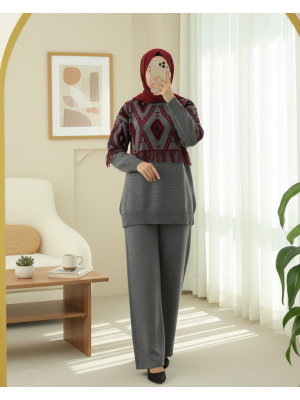 Önü Ve Kolu Saçaklı Piksel Desen Triko Takım -Füme