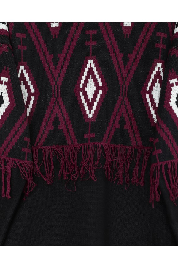 Pixel Pattern Knitwear Suit with Fringed Front and Sleeves -Black