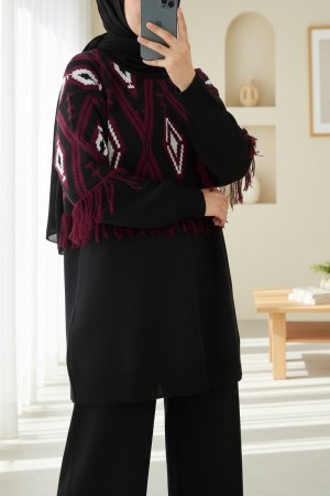 Önü Ve Kolu Saçaklı Piksel Desen Triko Takım -Siyah