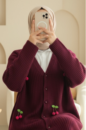 Kirazlı Top Düğmeli Triko Hırka -Bordo