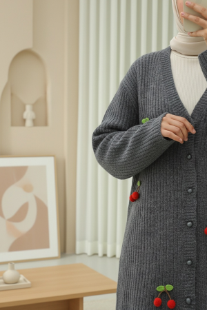 Kirazlı Top Düğmeli Triko Hırka -Füme