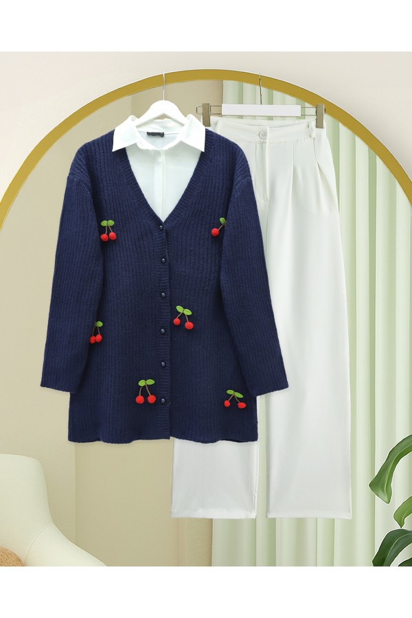 Cherry Top Button Knit Cardigan -Navy blue