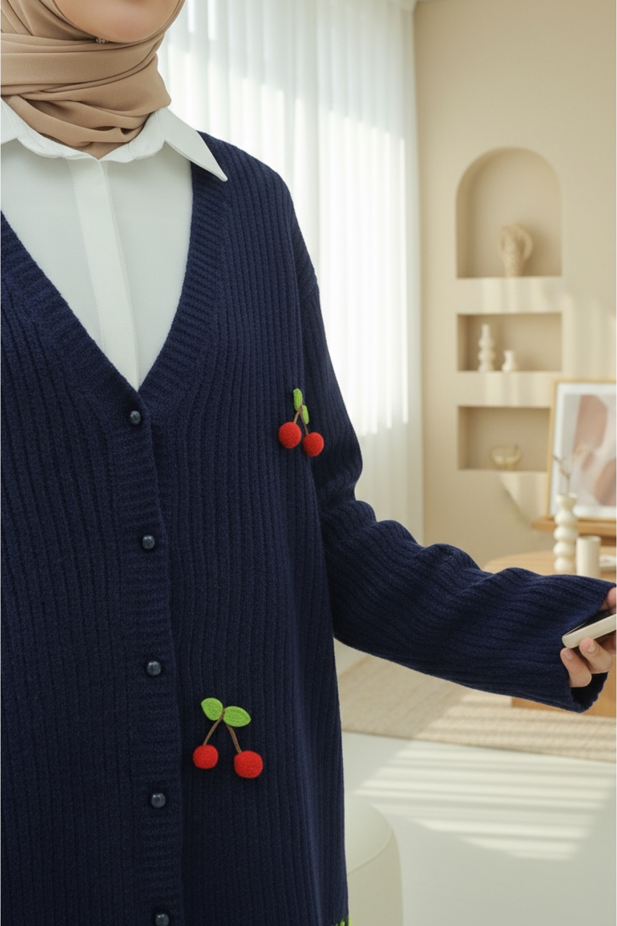 Cherry Top Button Knit Cardigan -Navy blue