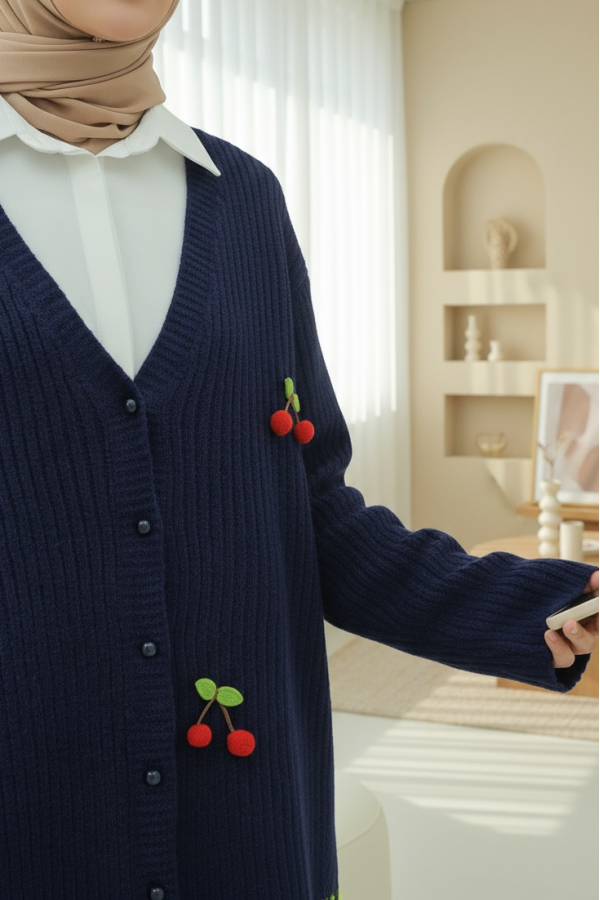 Cherry Top Button Knit Cardigan -Navy blue
