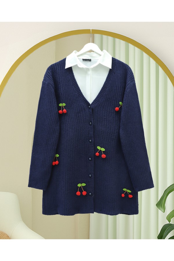 Cherry Top Button Knit Cardigan -Navy blue