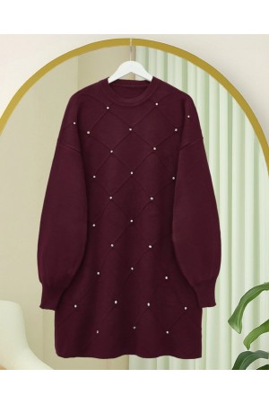 Taş Detaylı Kare Desenli Triko Tunik -Bordo
