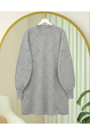 Taş Detaylı Kare Desenli Triko Tunik -Gri