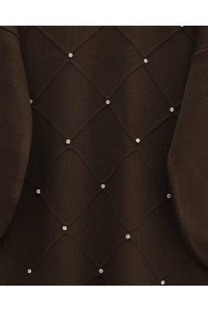 Square Patterned Knit Tunic with Stone Details -Brown