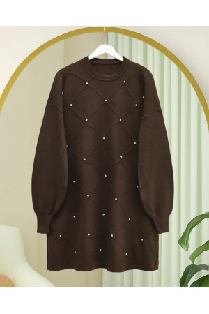 Square Patterned Knit Tunic with Stone Details -Brown