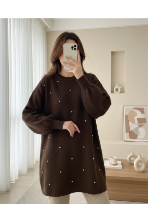 Square Patterned Knit Tunic with Stone Details -Brown