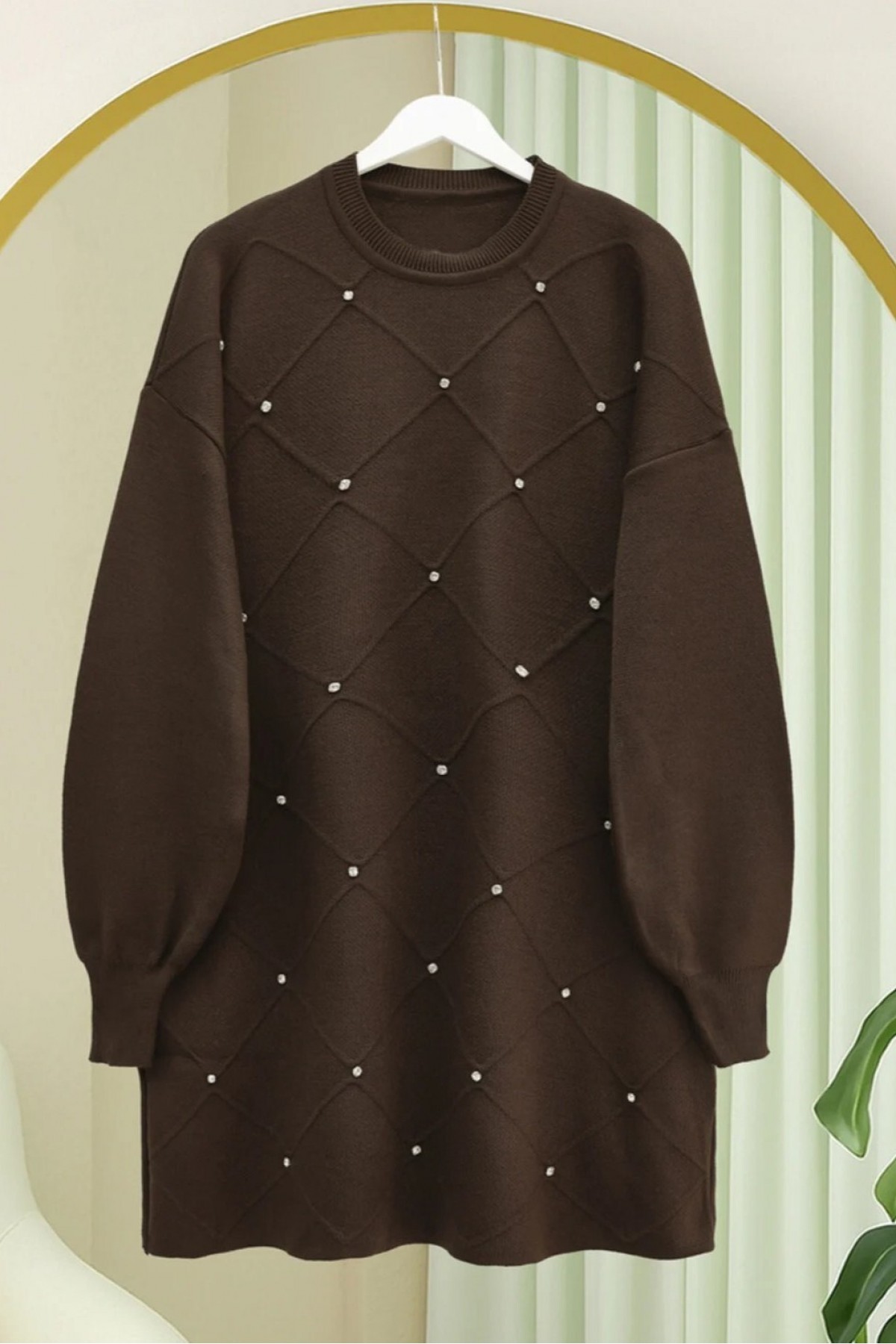 Square Patterned Knit Tunic with Stone Details -Brown