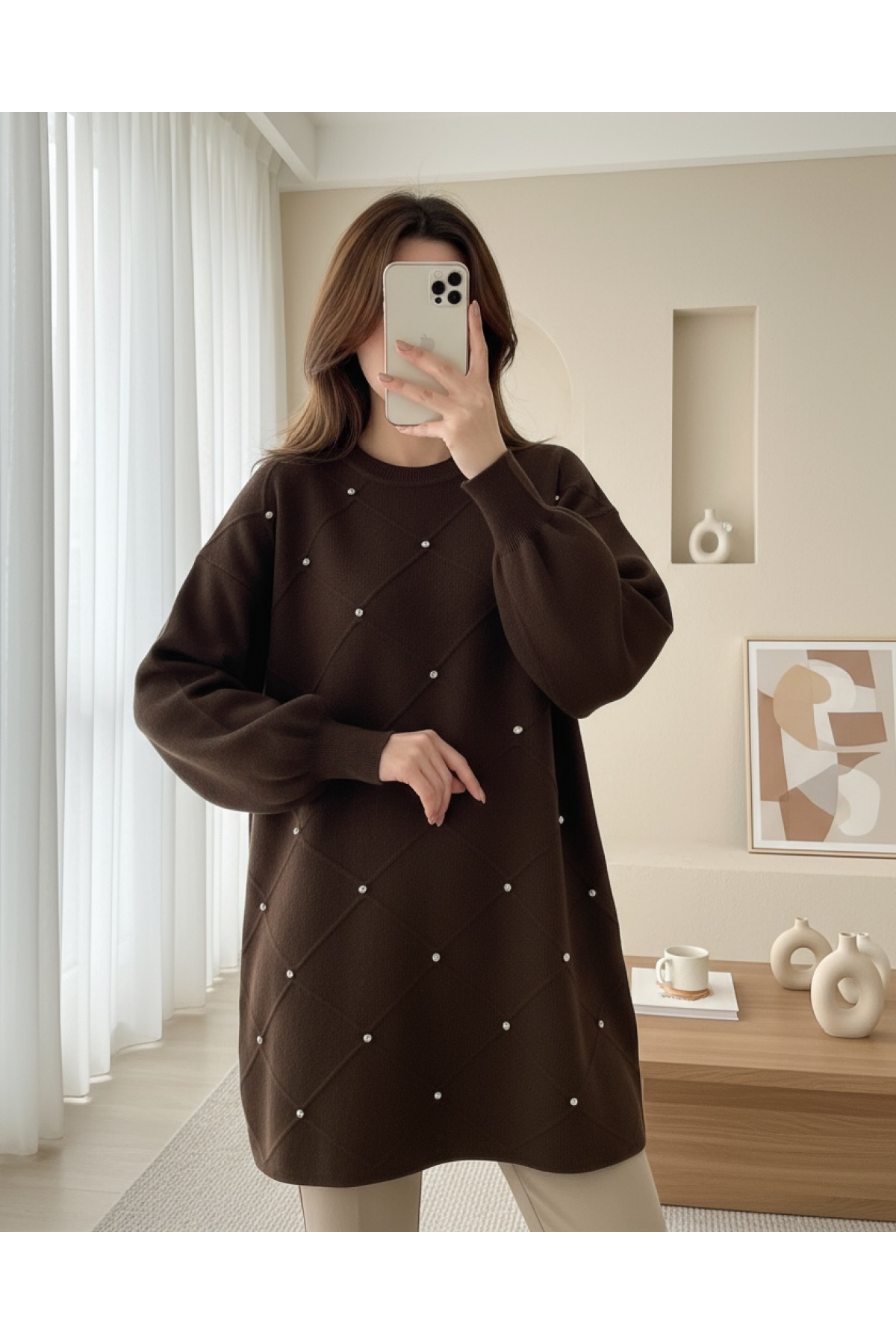 Square Patterned Knit Tunic with Stone Details -Brown