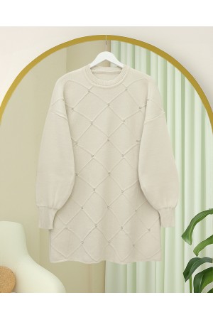Taş Detaylı Kare Desenli Triko Tunik -Krem