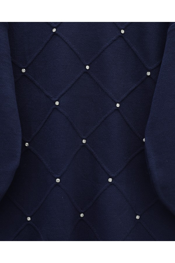 Square Patterned Knit Tunic with Stone Details -Navy blue