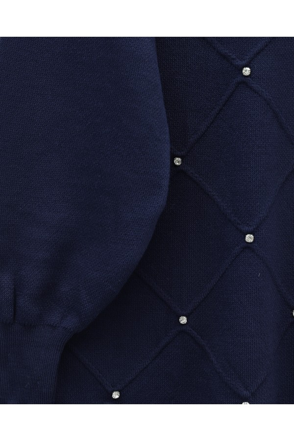Square Patterned Knit Tunic with Stone Details -Navy blue