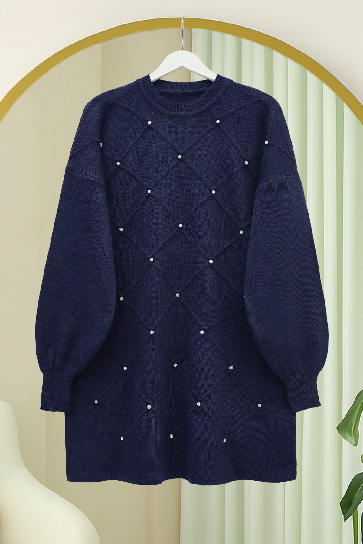 Square Patterned Knit Tunic with Stone Details -Navy blue