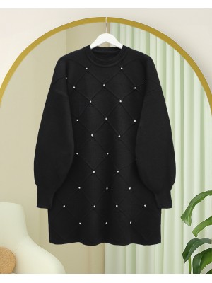 Taş Detaylı Kare Desenli Triko Tunik -Siyah