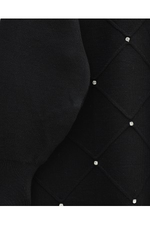Taş Detaylı Kare Desenli Triko Tunik -Siyah