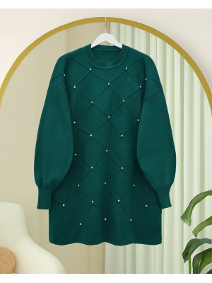 Square Patterned Knit Tunic with Stone Details -Emerald