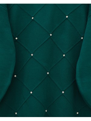 Square Patterned Knit Tunic with Stone Details -Emerald
