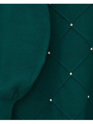 Square Patterned Knit Tunic with Stone Details -Emerald