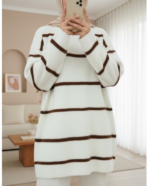 Striped Loose Bearded Knit Tunic -White
