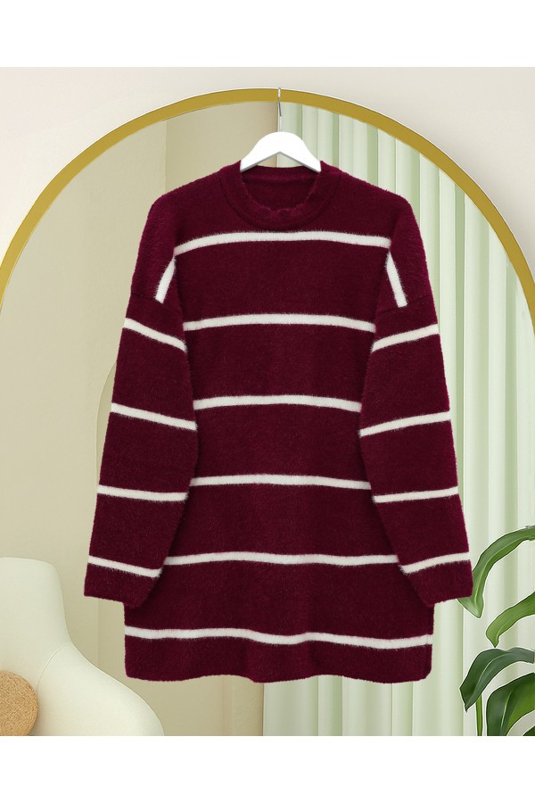 Striped Loose Bearded Knit Tunic -Maroon